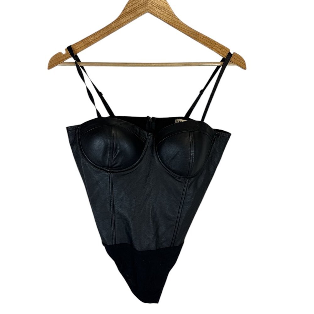 Say What Black Faux Leather Bustier Bodysuit Womens Size XL Party Wicked Biker